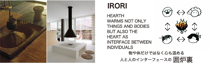 IRORI  HEARTH  WARMS NOT ONLY THINGS AND BODIES BUT ALSO THE HEART  AS INTERFACE BETWEEN INDIVIDUALS  物や体だけではなく心も温める  人と人のインターフェースの  囲炉裏